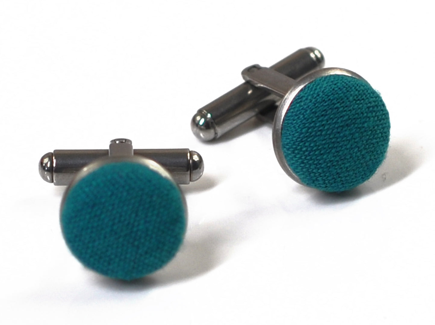 Teal Blue Linen Fabric Silver Cufflinks Cuff Links