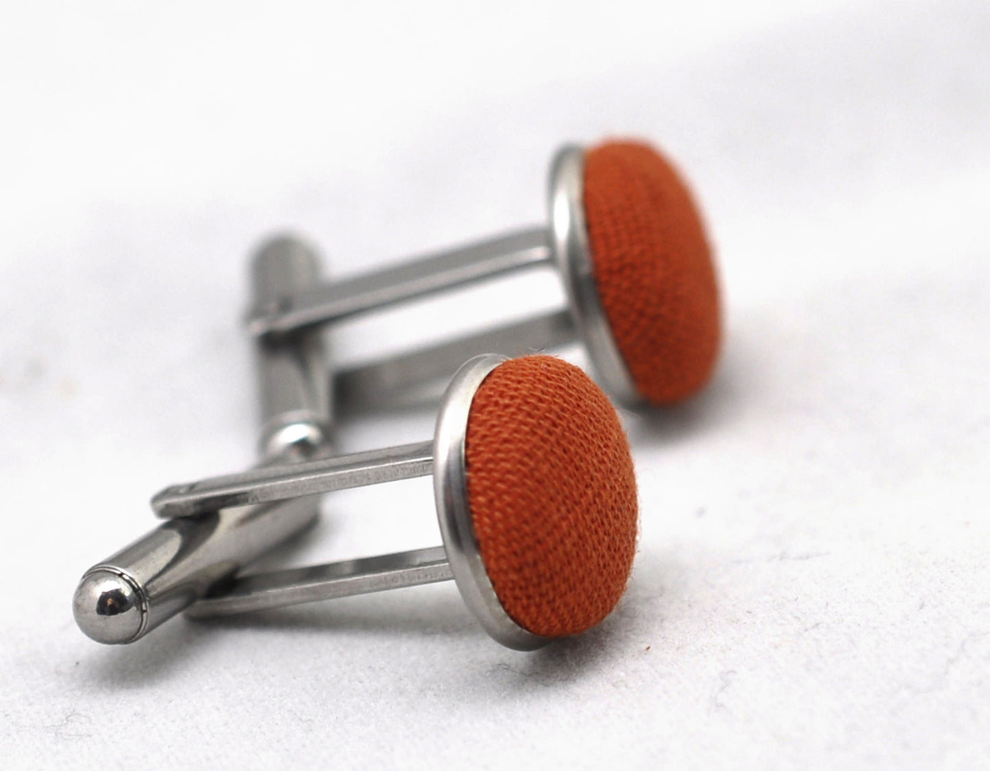 Burnt Orange Linen Fabric Silver Cufflinks Cuff Links