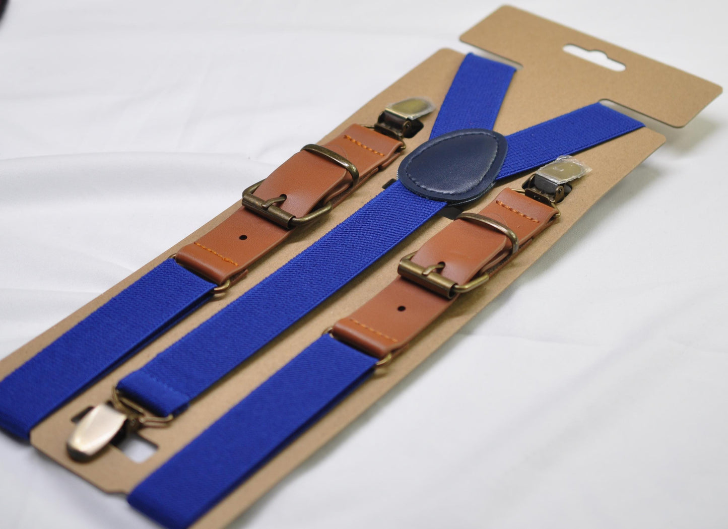 Indigo Blue Royal Blue Tan Faux Leather Y-Back Suspenders Braces Bronze Metal Clips Men Adult / Youth Teenage/ Kids Boy /Toddler Baby Infant