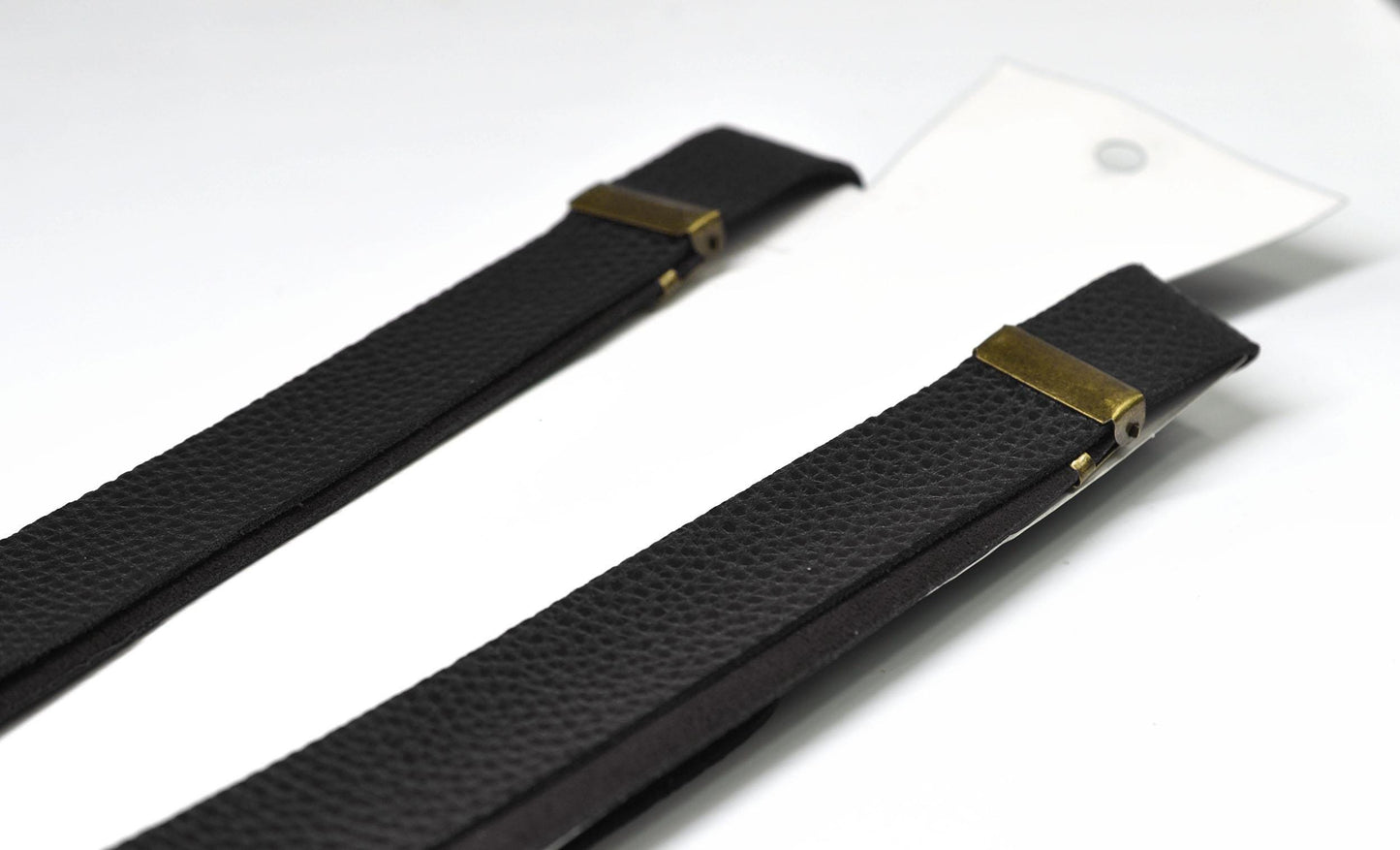 Black Faux Leather Adjustable Design Suspenders Braces Bronze Quality Clips