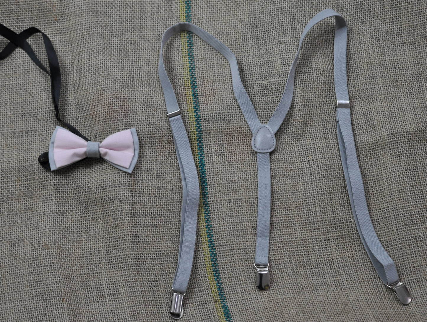 Men Women Grey 15mm Braces Suspenders 100% COTTON PINK Grey Bow Tie BOWTIE Wedding Party