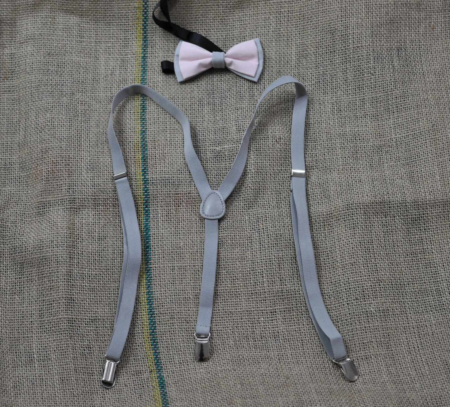 Men Women Grey 15mm Braces Suspenders 100% COTTON PINK Grey Bow Tie BOWTIE Wedding Party