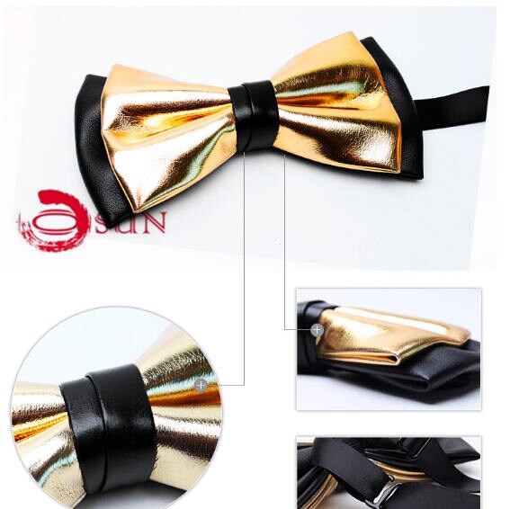Mens PVC Faux Leather Gold Golden Black Shining Bow Tie Bowties Wedding Party