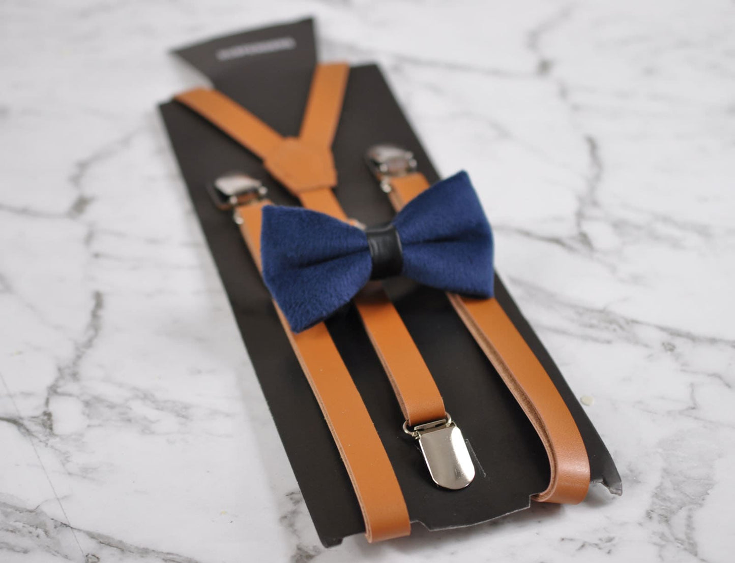 Navy Blue Velvet Bow Tie Bowtie and Brown Faux Leather Adjustable Suspenders Braces Sets FOR Baby Infant / Boy Kids / Youth Teenage