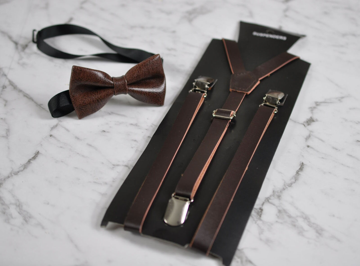 Boy Baby Kids Page Boy Coffee Deep Brown Faux Leather Bow Tie Bowtie and Faux Leather Coffee Suspenders Braces Sets 1-6 Years Old
