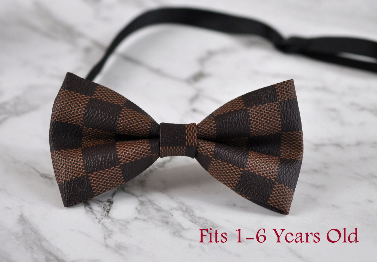 Baby Boy Kids Infant Page Boy Grids Pattern Faux Leather Coffee Deep Brown Bow Tie Bowtie Fits 1-6 Years Old Wedding Party