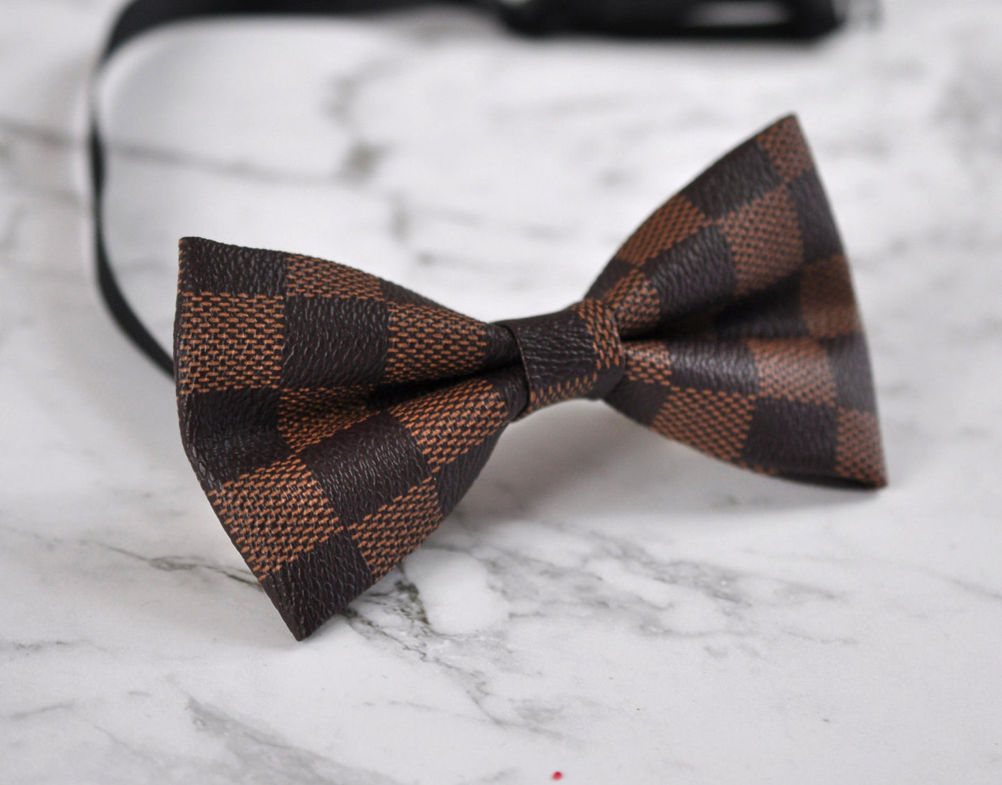 Baby Boy Kids Infant Page Boy Grids Pattern Faux Leather Coffee Deep Brown Bow Tie Bowtie Fits 1-6 Years Old Wedding Party