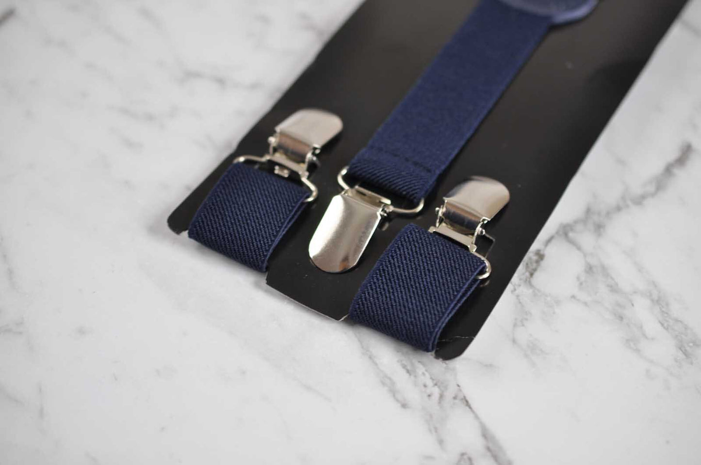 Navy Blue Solid 100% Cotton Bowtie Bow Ties + Navy Blue Clip-on Braces Elastic Suspenders for Baby Kids Page Boy Toddler or Youth Teenage