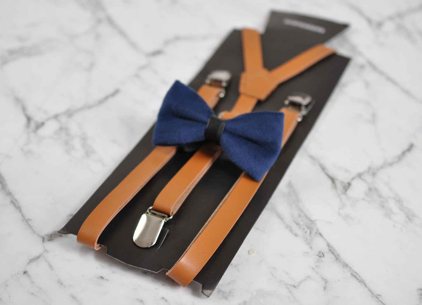 Navy Blue Velvet Bow Tie Bowtie and Brown Faux Leather Adjustable Suspenders Braces Sets FOR Baby Infant / Boy Kids / Youth Teenage