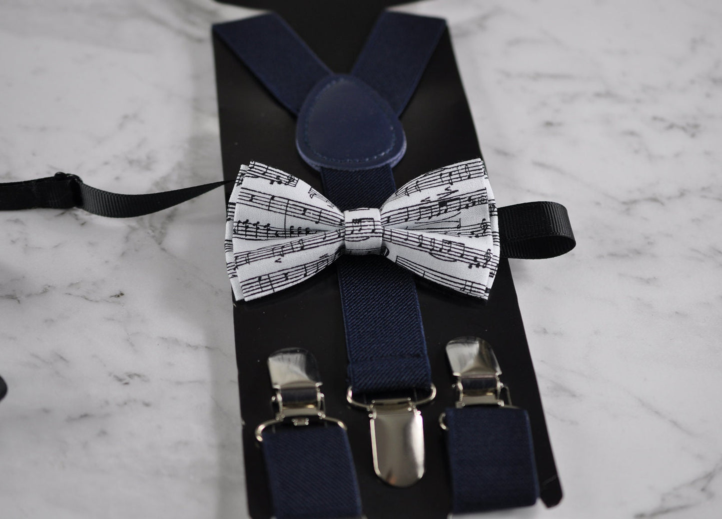 Boy Kids Page Boy Sheet Music Notes Pattern Cotton Bow Tie + Navy Suspenders Braces Set Fits 1-6 Years Old Wedding Party