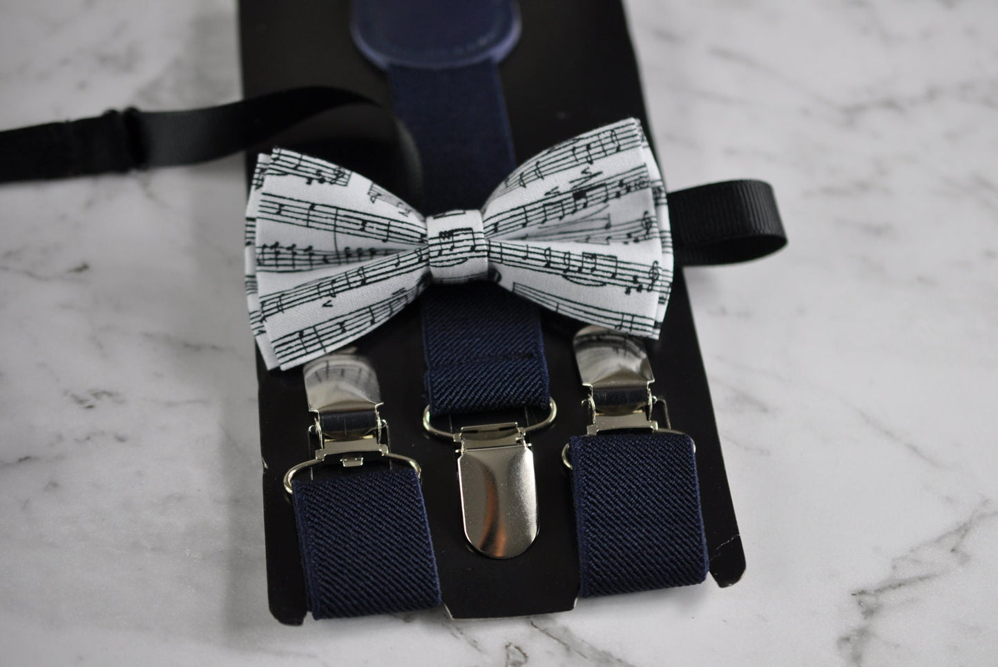 Boy Kids Page Boy Sheet Music Notes Pattern Cotton Bow Tie + Navy Suspenders Braces Set Fits 1-6 Years Old Wedding Party