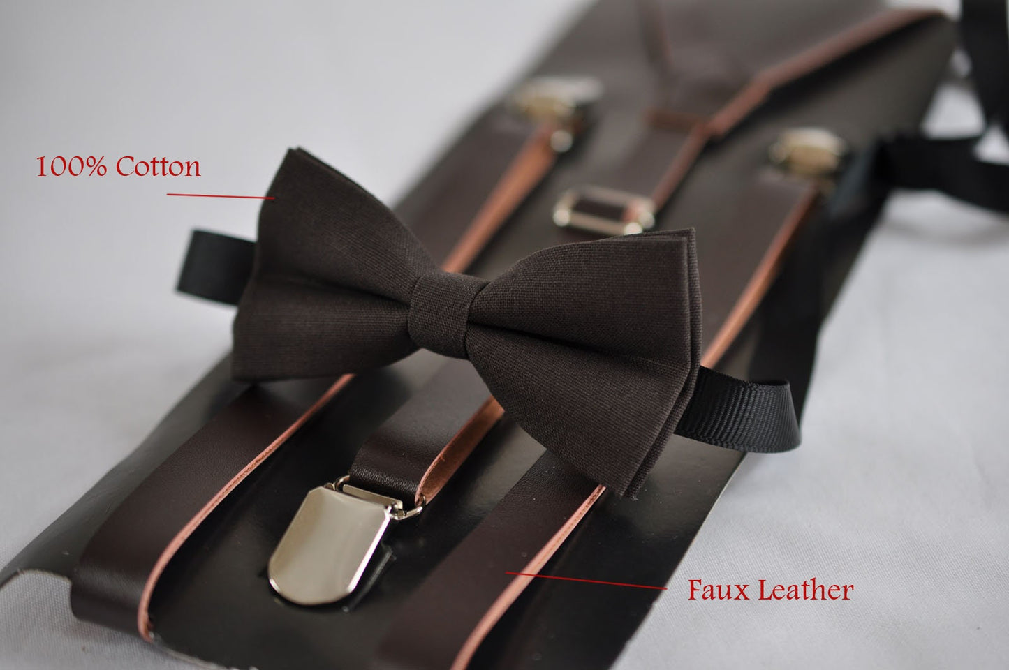 Kids Page Boy Baby Toddler Infant Coffee Deep Brown Cotton Bow tie + Coffee 15mm Faux Leather Suspenders Braces Wedding Fits 1-6 Years Old
