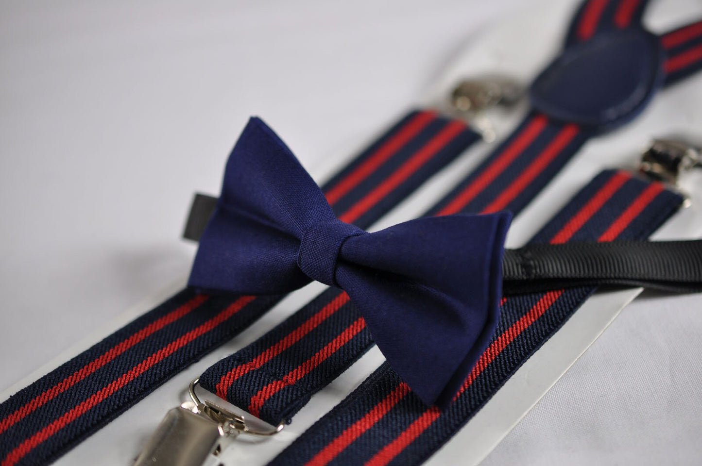 Kids Page Boy Toddler Infant Navy Blue Cotton Bow tie Bowtie + Red Blue Stripes Elastic Suspenders Braces Fits 1-6 Years Old