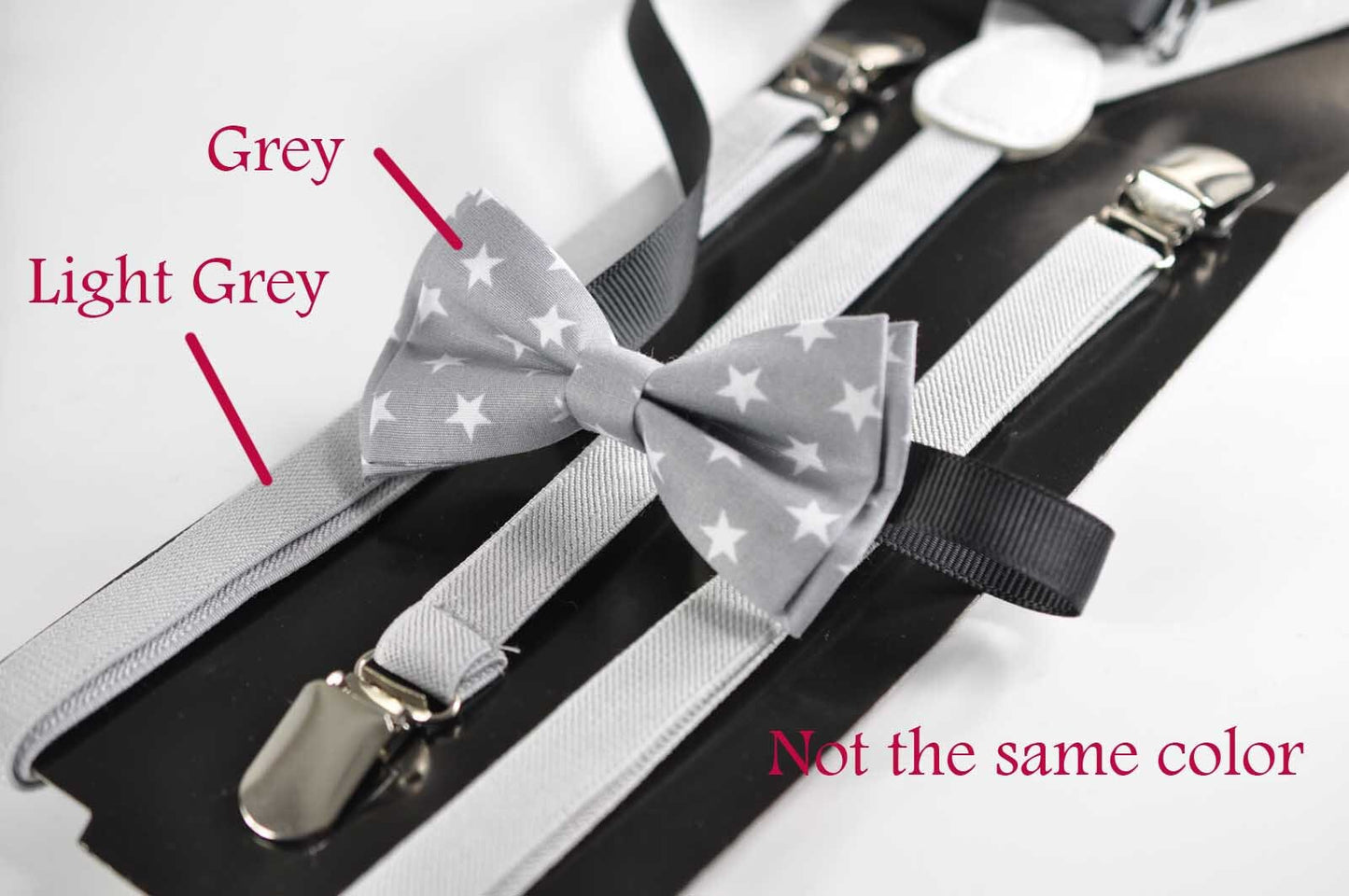 BOY KIDS Baby Infant Light Grey 15mm Skinny Braces Elastic Suspenders + 100% Cotton Grey white Stars Bowtie Bow Ties Fits 1-6 Years Old