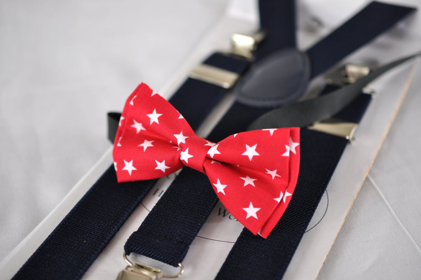Navy Blue Clip-on Braces Elastic Suspenders + 100% Cotton Red White Stars Bowtie Bow Ties Men Adult / Teenage Youth / Kids Boy / Baby Infant