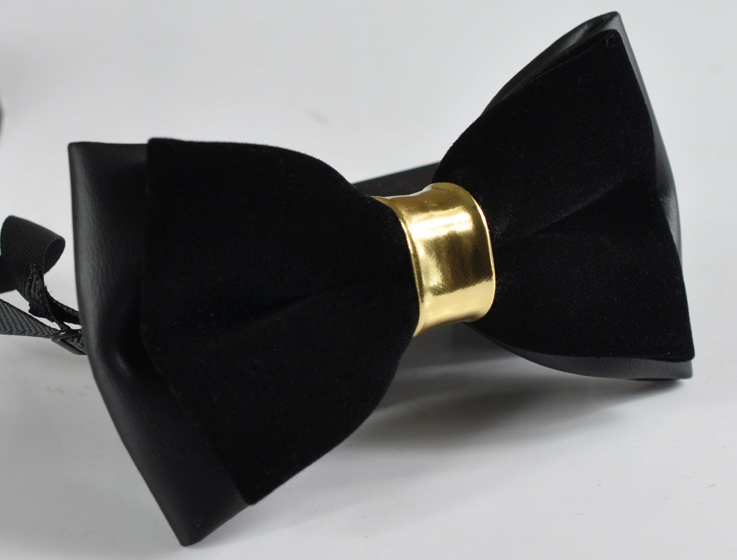 Black Gold Velvet +Faux Leather 2 Layers Pretied Bow Tie + Y-Back Black Elastic Suspenders Braces for Men / Youth / Toddler