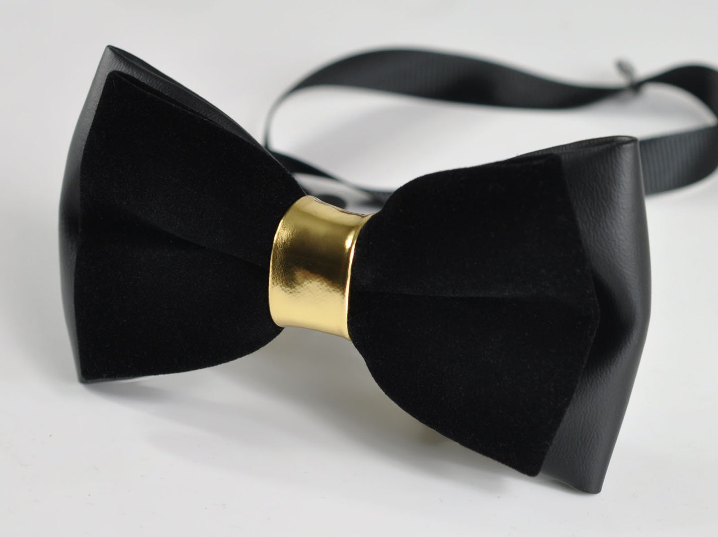 Black Gold Velvet +Faux Leather 2 Layers Pretied Bow Tie + Y-Back Black Elastic Suspenders Braces for Men / Youth / Toddler