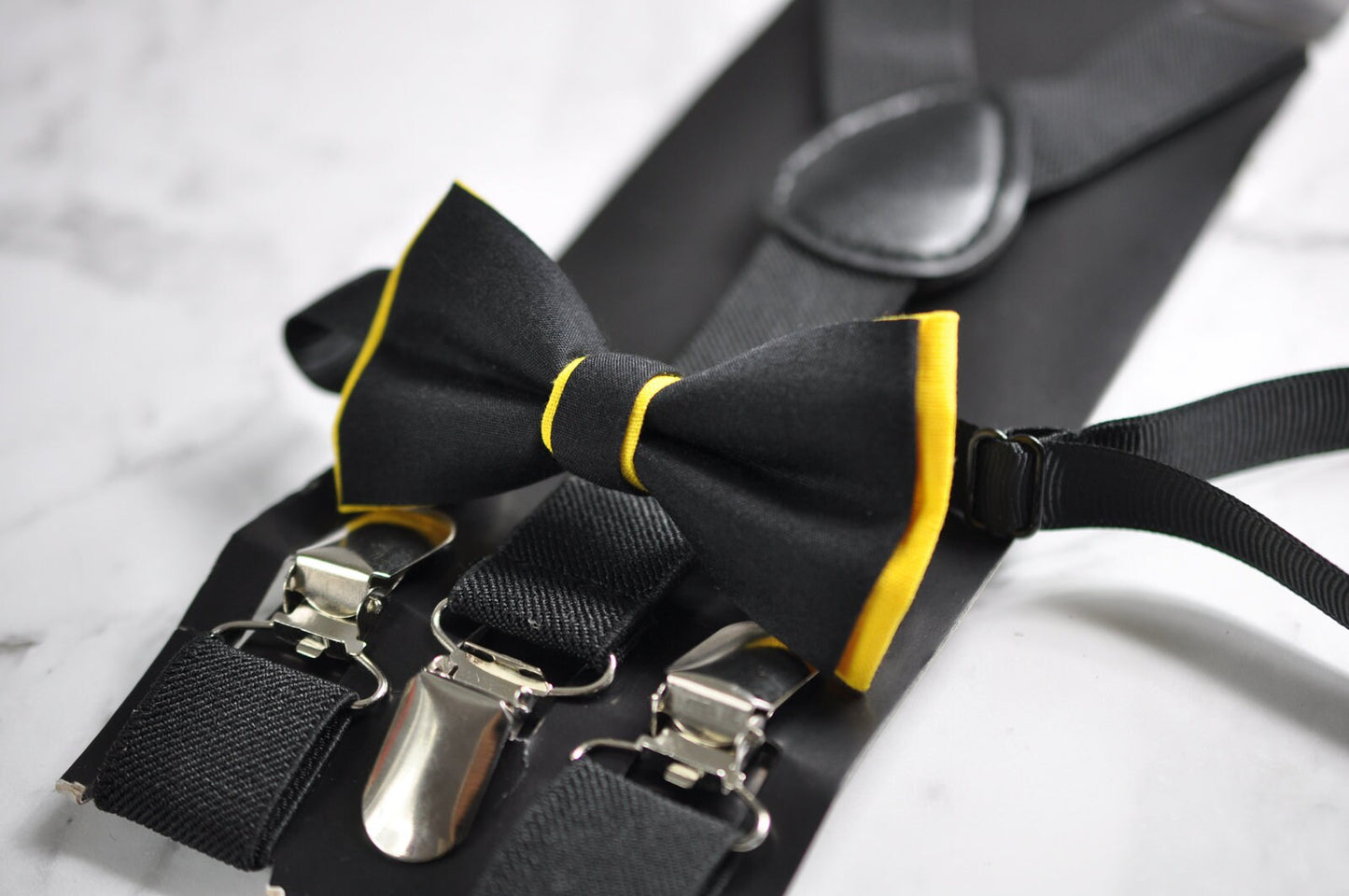 BOY KIDS Baby Infant Toddler Black Clip-on Braces Elastic Suspenders + 100% Cotton Black Yellow Bowtie Bow Ties Cravat Fits 1-6 Years Old