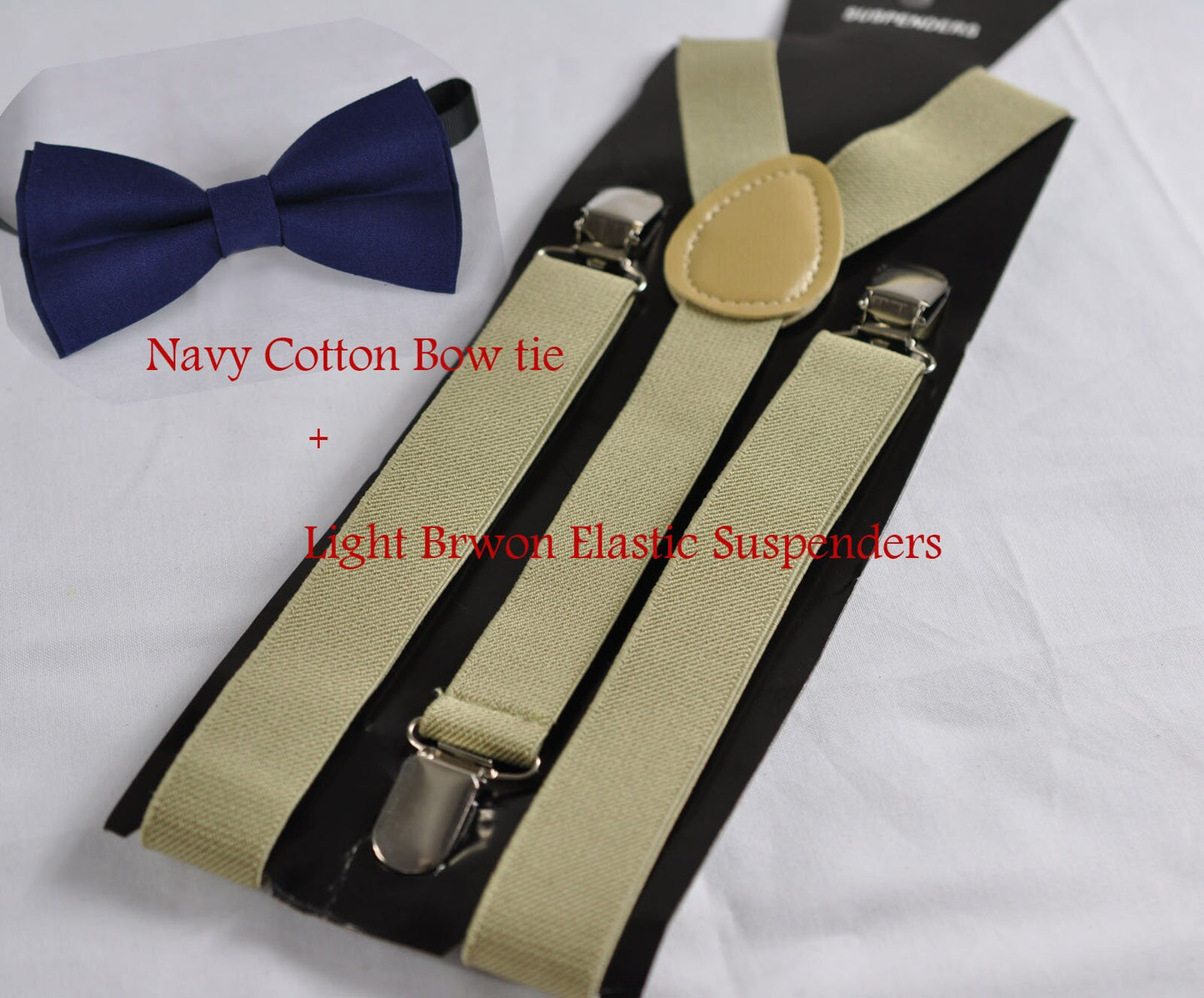 Navy Blue Solid 100% Cotton Bowtie Bow Ties + Light Brown Khaki Braces Elastic Suspenders for Baby infant / Boy Kids / Youth Teenage / Men