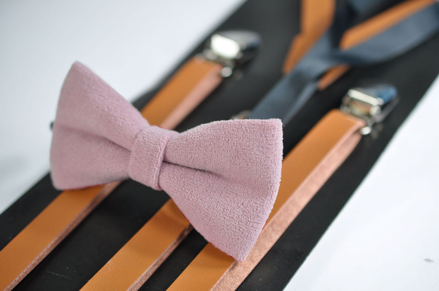 Dusky Dusty Rose Pink Blush Pink Velvet Bow tie + Brown Tan Faux Leather Skinn Suspenders for Baby infant / Kids Boy / Youth Teenage
