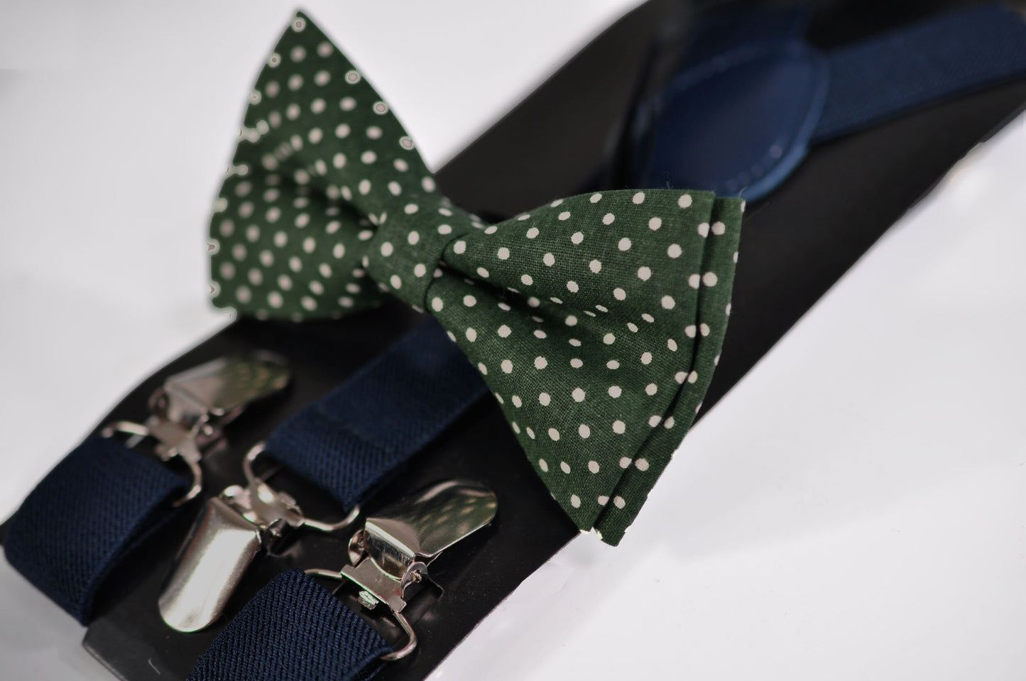 Green White Dots Spots & Stripes Bow tie Bowtie + Navy Blue Elastic Suspenders Braces for Baby infant / Boy Kids / Youth teenage / Adult