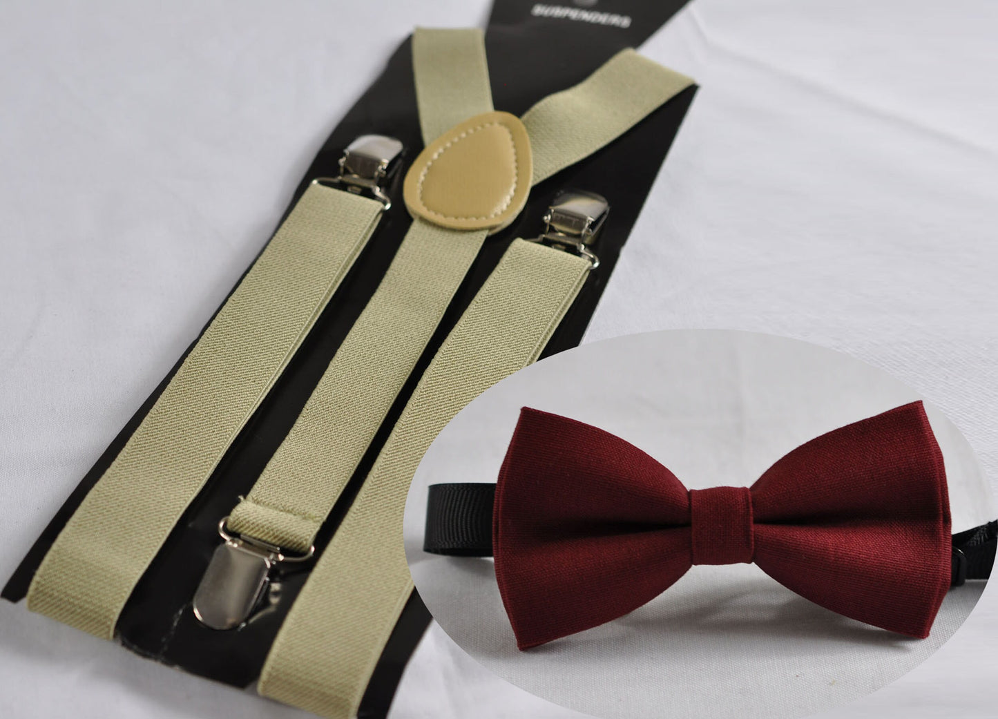 Burgundy Wine Red Rosewood Red Cotton Bow tie + Khaki Light Brown Elastic Suspenders Braces for Infant Baby / Page Boy Kids / Youth Teenage