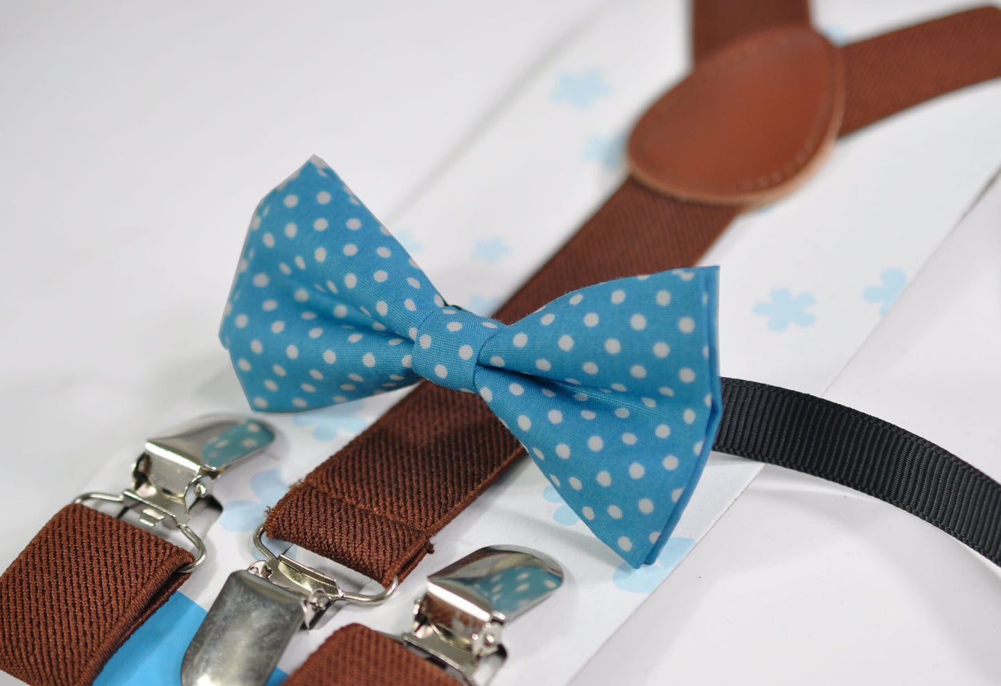 Spots & Stripes Dots Pattern Duck Egg Light Blue Bow tie + Brown Elastic Braces Suspenders for Baby infant / Page Boy Kids / Youth