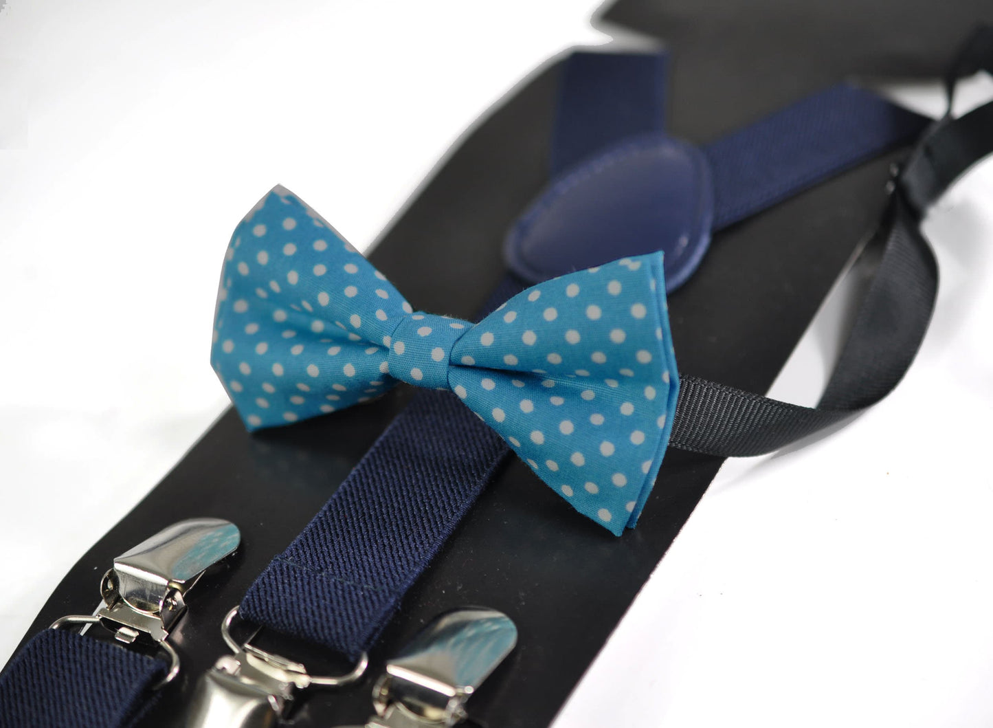 Spots & Stripes Dots Pattern Duck Egg Light Blue Bow tie + Navy Blue Elastic Braces Suspenders for Baby infant / Page Boy Kids / Youth