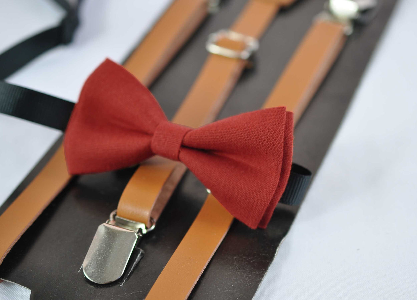 Ginger Brownish Red / Orange Linen Bow tie + TAN Faux Leather Suspenders Braces for Baby infant / Kids Boy / Youth Teenage / Men Adult