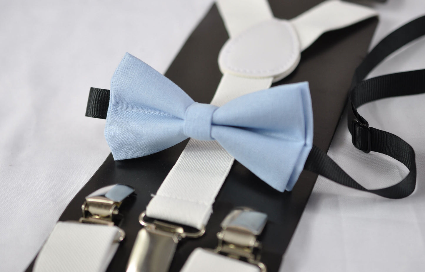 Boy Blue Light Blue Pale Blue Cotton Bow tie + White Elastic Suspenders Braces for Baby infant / Boy Kids Toddler / Youth Teenage / Men