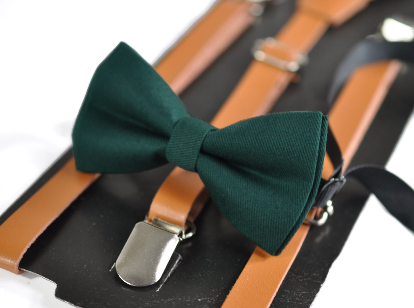 Dark Emerald Green Bottle Green Pretied Cotton Bow tie + Tan Faux Leather Suspenders for Baby infant toddler / Kids Boy / Youth Teenage