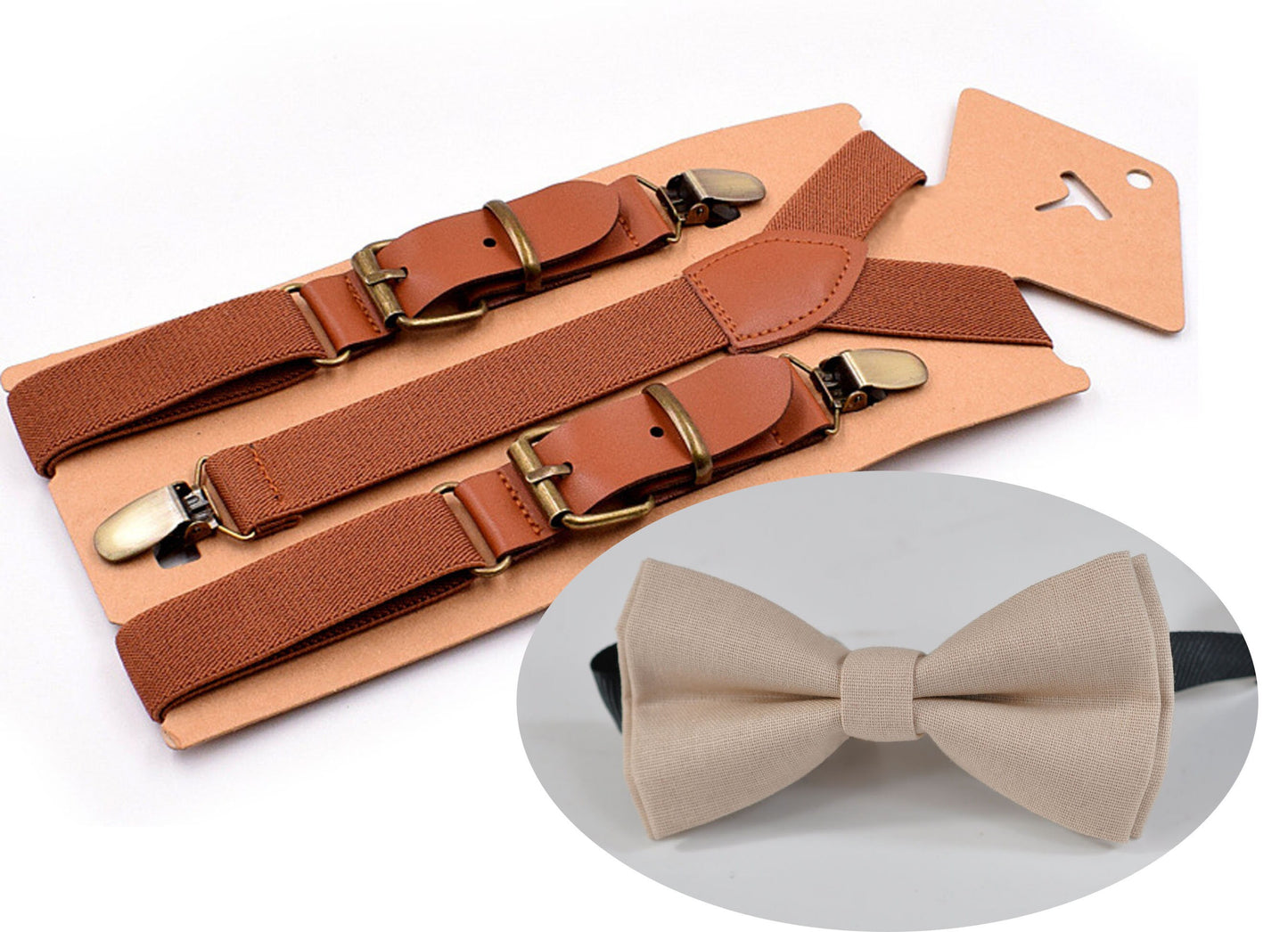 Sand Pale Brown Begie Cotton Bow tie + Tan Elastic Faux Leather Suspenders Braces for Baby Infant Toddler / Boy Kids / Youth Teenage