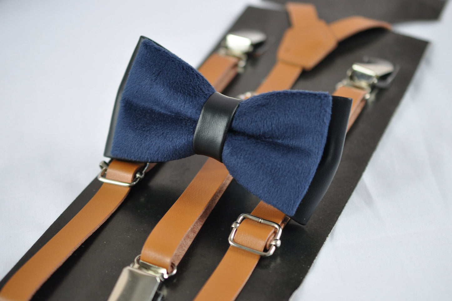 Navy Blue Velvet and Black Leather 2 Layers Bow tie + Tan Brown Faux Leather Suspenders Braces for Baby infant Toddler / Boy Kids / Youth