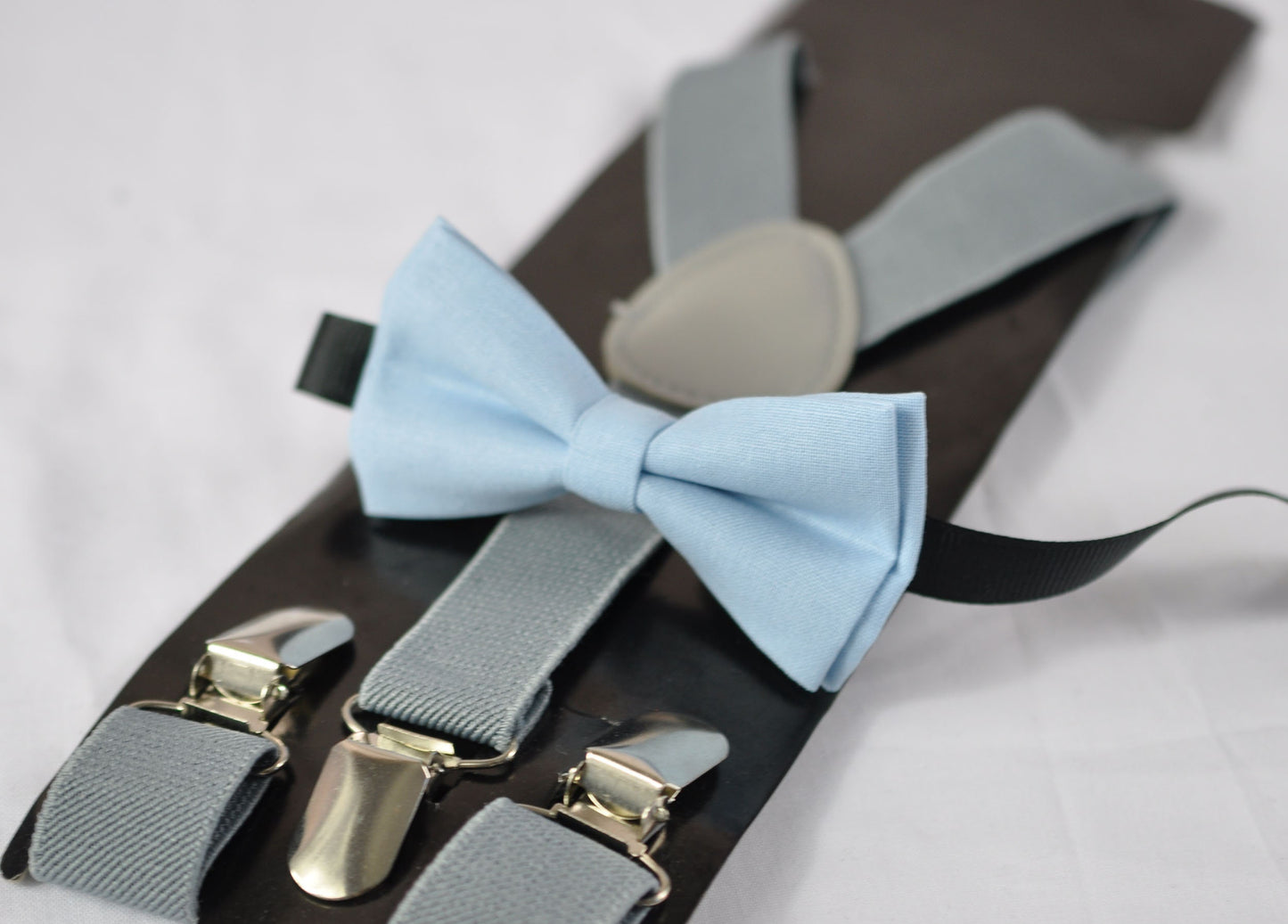Boy Blue Light Blue Pale Blue Cotton Bow tie + Grey Gray Elastic Suspenders Braces for Baby infant / Boy Kids / Youth Teenage / Men