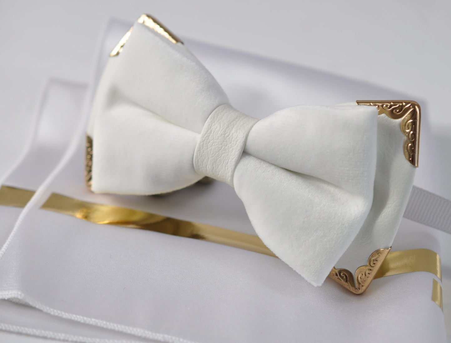 Mene White and Gold Velvet Faux Leather 2 Layers Bow tie + Silk Gold and White Pocket Sqaure Formal Hanky Handkerchief Set