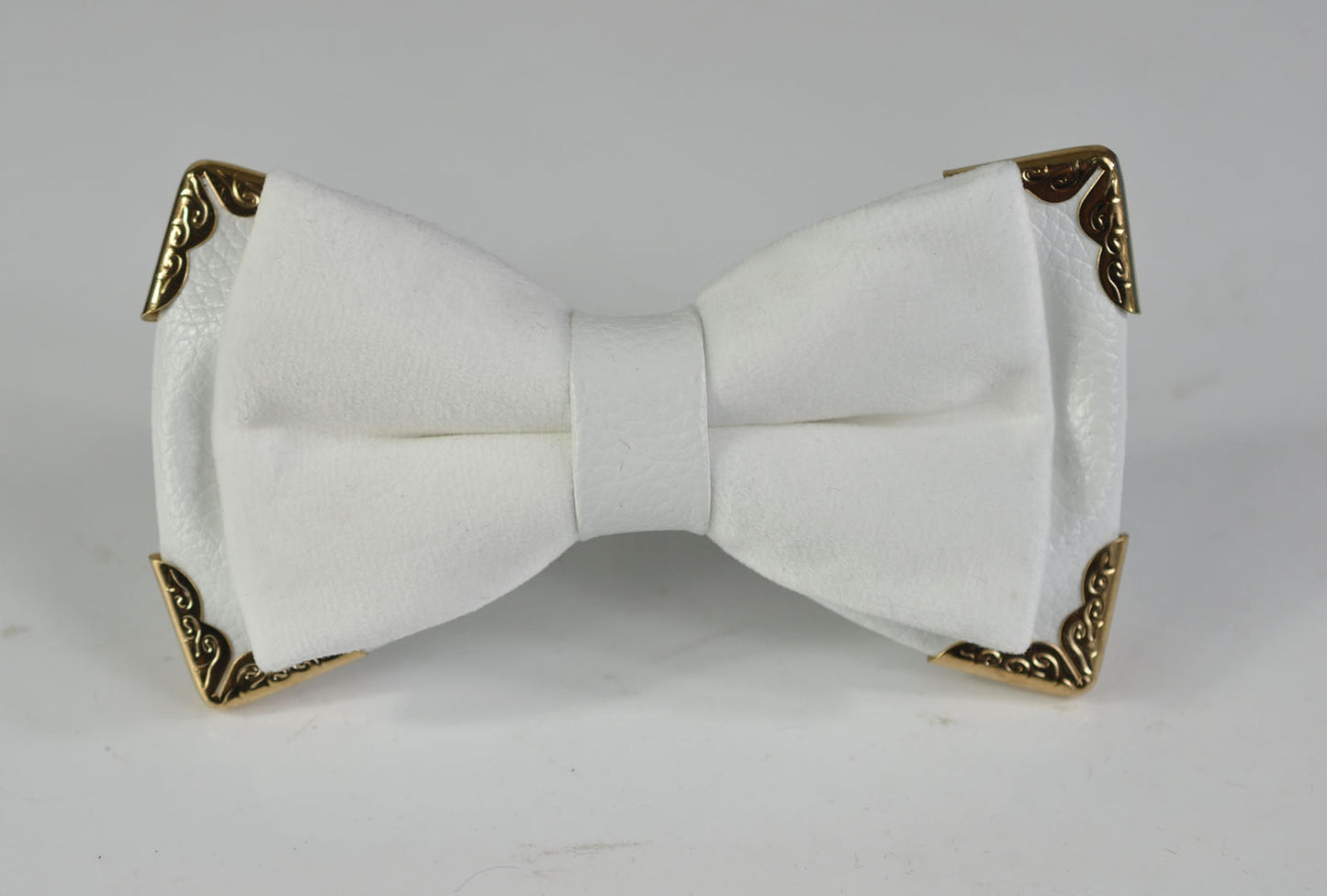 Mene White and Gold Velvet Faux Leather 2 Layers Bow tie + Silk Gold and White Pocket Sqaure Formal Hanky Handkerchief Set