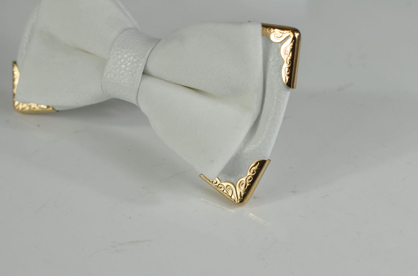 Mene White and Gold Velvet Faux Leather 2 Layers Bow tie + Silk Gold and White Pocket Sqaure Formal Hanky Handkerchief Set