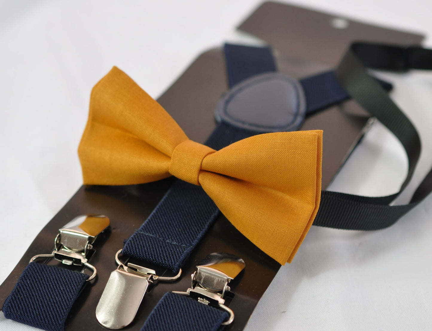 Mustard Honey butterscotch Yellow Cotton Bow tie + Navy Blue Elastic Suspenders Braces Adult Men / Youth Teenage / Boy Kids / Baby Infant