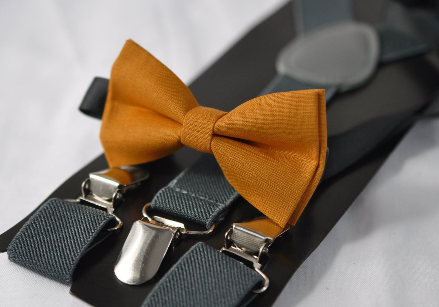 Mustard Honey butterscotch Yellow Cotton Bow tie + Dark Grey Elastic Suspenders Braces Adult Men / Youth Teenage / Boy Kids / Baby Infant