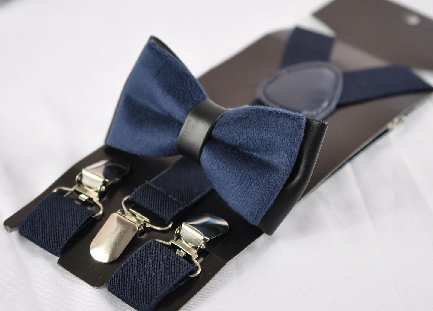 Navy Blue Velvet and Black Faux Leather 2 Layers Bow tie + Navy Blue Suspenders Braces for Baby infant Toddler / Boy Kids / Youth / Men
