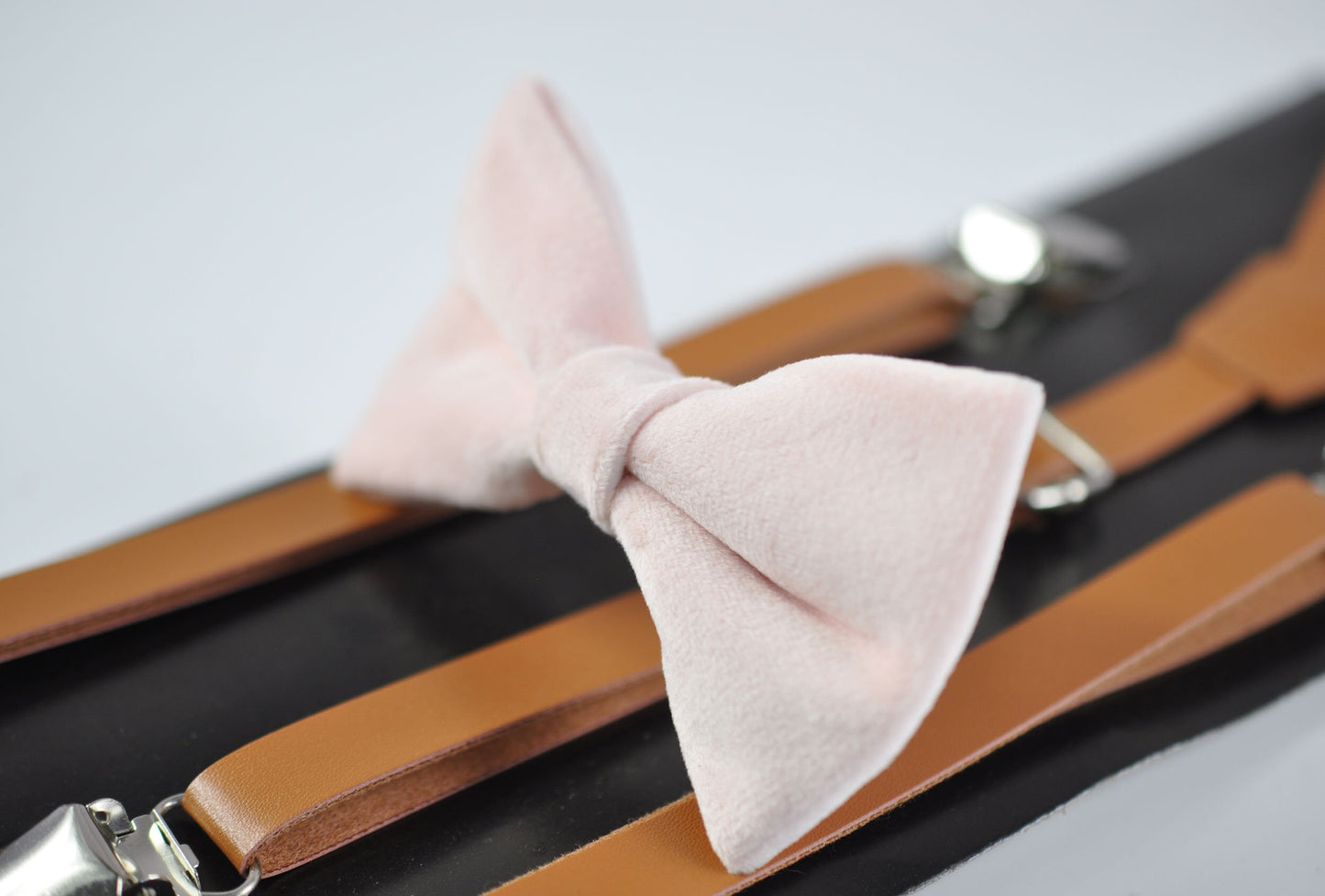 Baby Pink Light Pink Velvet Bow tie + Tan Brown Faux Leather Skinny Suspenders Braces for Baby Infant / Boy Kids / Youth Teenage