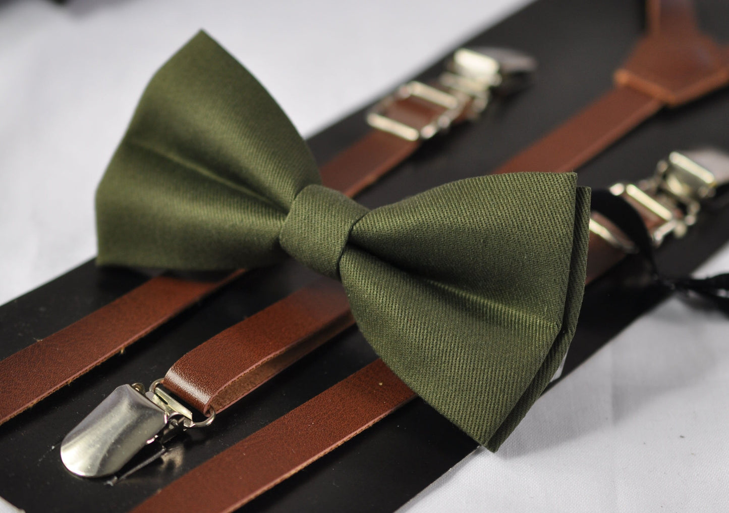 Olive Green Army Green Cotton Bow tie + Brown Skinny Faux Leather Suspenders Braces for Youth Teenage / Boy Kids / Baby Infant Toddler