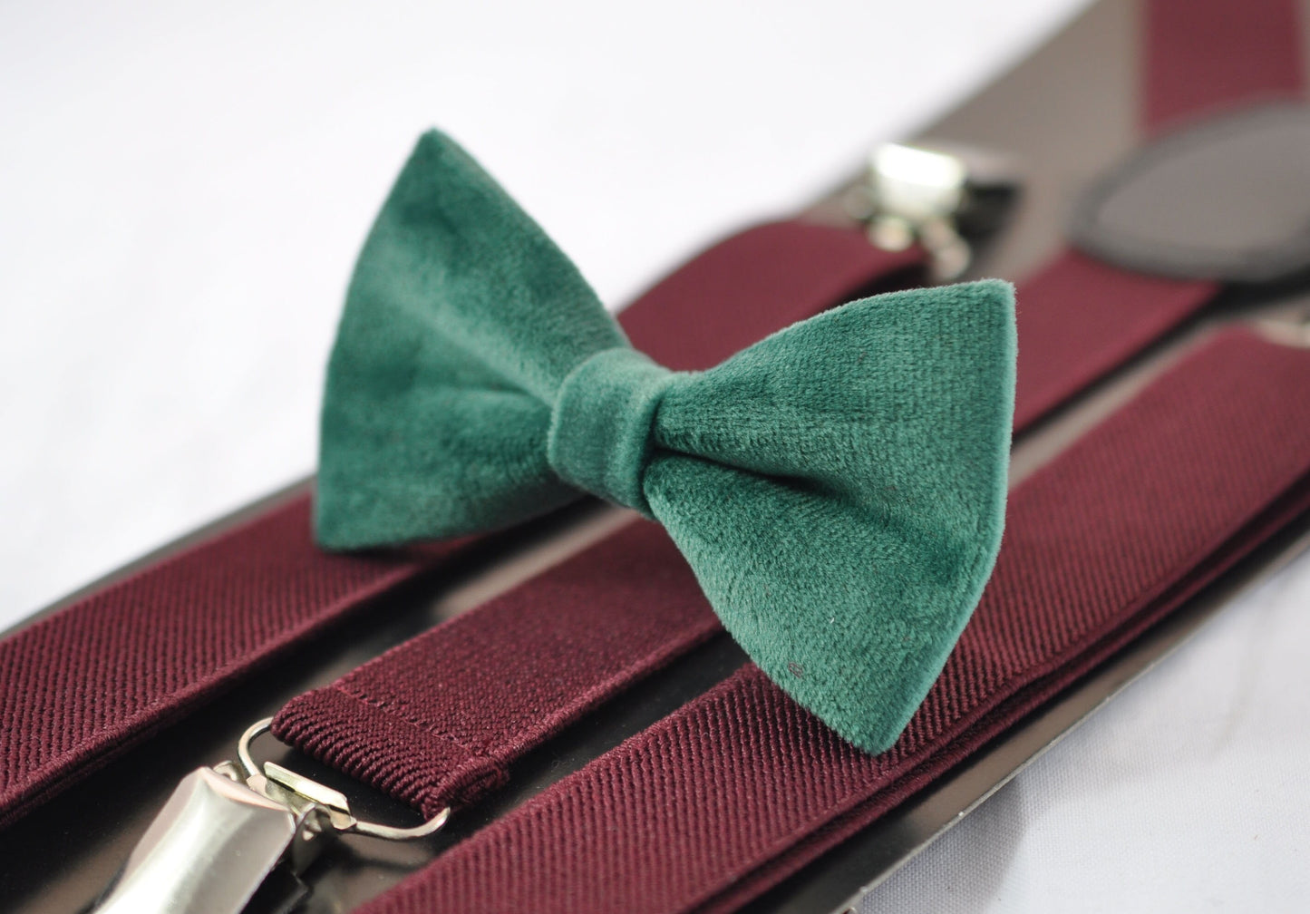 Emerald Green Dark Green Velvet Bow tie + Burgundy Wine Red Elastic Suspenders Braces for Baby Infant / Boy Kids / Youth Teenage / Men Adult