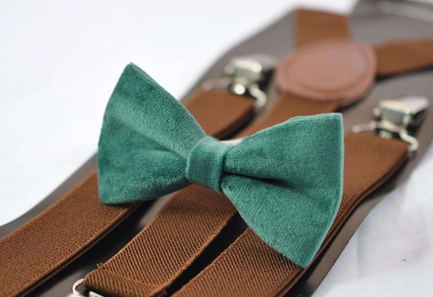 Emerald Green Dark Green Velvet Bow tie + Brown Elastic Suspenders Braces for Baby Infant Toddler / Boy Kids / Youth Teenage / Men Adult