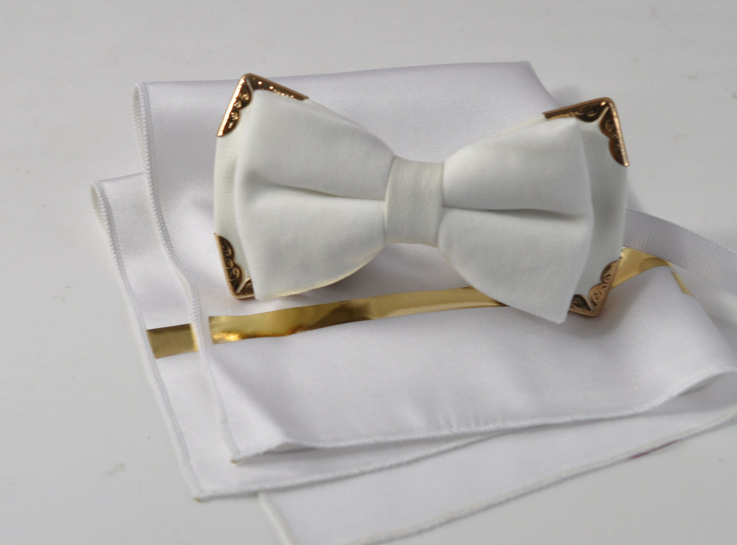 Mene White and Gold Velvet Faux Leather 2 Layers Bow tie + Silk Gold and White Pocket Sqaure Formal Hanky Handkerchief Set