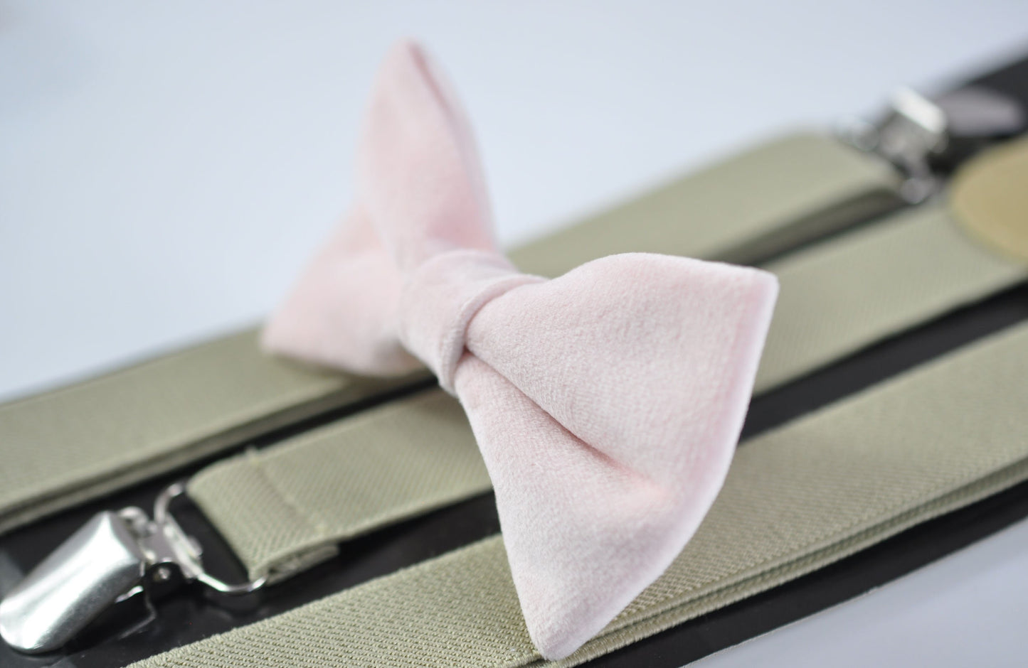 Baby Pink Light Pink Velvet Bow tie Bowtie + Khaki Beige Elastic Suspenders Braces for Men / Youth Teenage / Boy Kids / Baby Infant Toddler