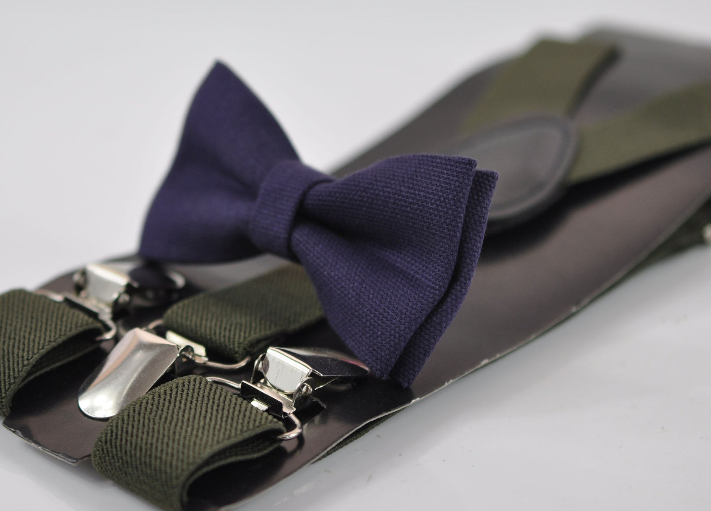 Dark Purple Plum Grape Purple Cotton Bow tie + Olive Army Green Elastic Suspenders Braces for Men / Youth Teenage / Boy Kids / Toddler Baby