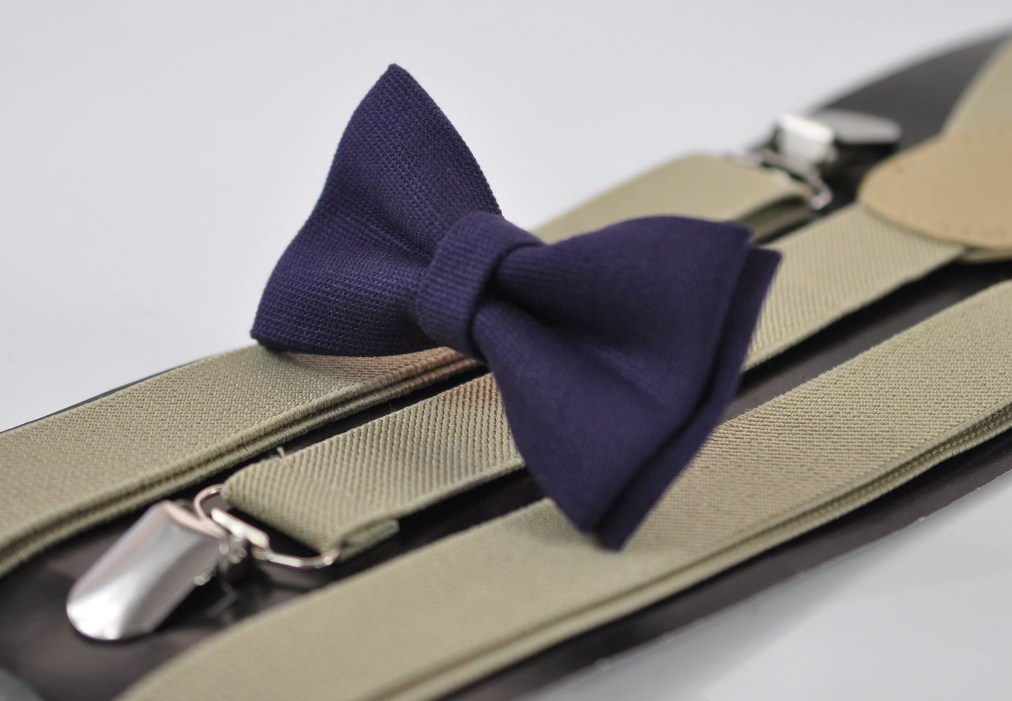 Dark Purple Plum Grape Purple Cotton Bow tie + Khaki Beige Elastic Suspenders Braces for Men Adult / Youth Teenage / Boy Kids / Toddler Baby