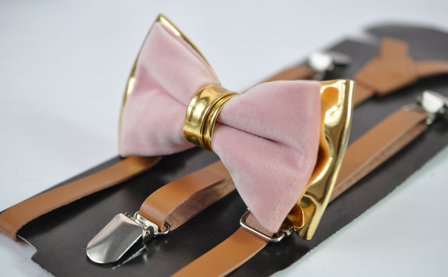 Dusty Pink Vevlet Gold Faux Leather Bow tie + Brown Tan Leather Skinny Suspenders braces for Youth Teenage / Boy Kids / Baby Infant Toddler