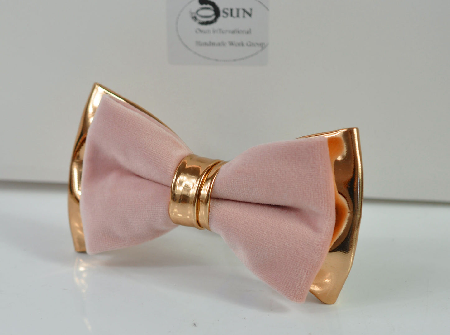 Dusty Pink Vevlet Rose Gold Faux Leather Bow tie + Brown Tan Leather Suspenders braces for Youth Teenage / Boy Kids / Baby Infant Toddler